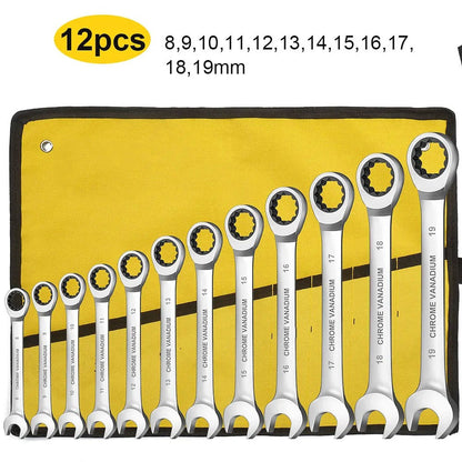 Conjunto de Chaves Combinadas Catraca WEELEE, Chaves para Reparo Automotivo Métricas 6-19mm, com Bolsas de Pano Enroláveis