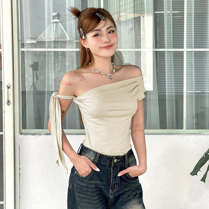 CUTENOVA 2024 Women'S Summer Ins Style New Shrink Pleated One-Shoulder Crop Top Backless Twist Tie Asymmetric T-Shirt Casual Top