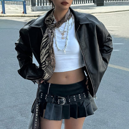 Autumn Women's Faux Leather Jackets 2025 Fall Long Sleeve Bomber Jacket Lapel Zip Up Motorcycle Coats Winter Clothing