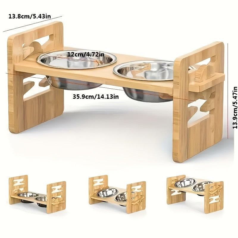 Suporte de Tigela Ajustável para Pets com 6 Posições, Tigelas Duplas de Bambu para Comida e Água de Cães e Gatos, Comedouro Elevado para Cães e Gatos de Pequeno, Médio e Grande Porte