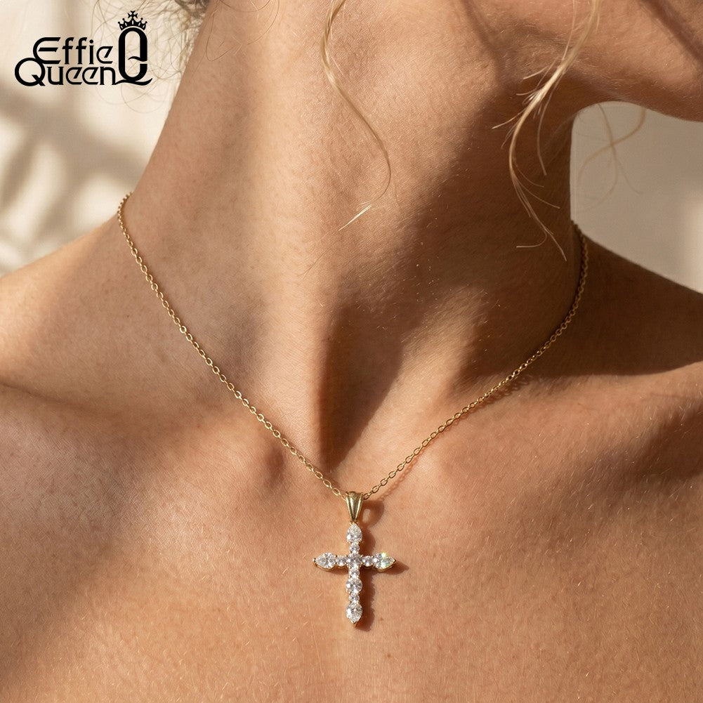EFFIE QUEEN S925 Sterling Silver Moissanite Cross Necklace GRA Certificate D VVS1 Diamond Cross Pendant Neck Chain Women SMON15