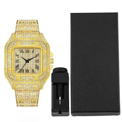 Hip-hop Punk Quartz Watch Stylish Full Diamonds Watch 2 Styles to Choose Bundled Size Adjuster Men Women Party Jewelry Gift Box