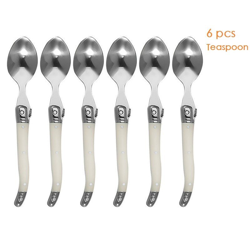 Conjunto 6 Peças Talheres Laguiole Branco Prata Facas Garfos Colheres Bife Conjunto Polimento Espelhado Coleção Inox Talheres Natal Colher de Chá