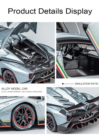 1:24 Countach LP500S VENENO Miniatura de Carro Esportivo Brinquedo Liga Fundida Luz e Som Puxar para Trás Portas Abertas Coleção Supercarro