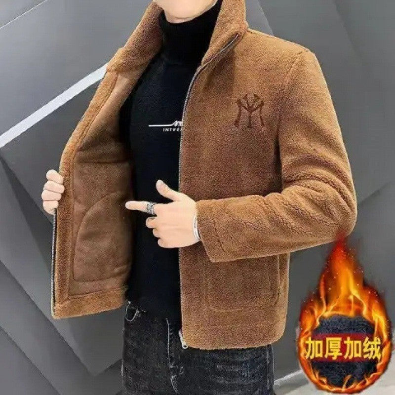 2025 Autumn/winter Korean Edition New Men's Lamb Wool Coat High Collar Thick Wool Men's Cotton Coat Trendy Coat Wholesale