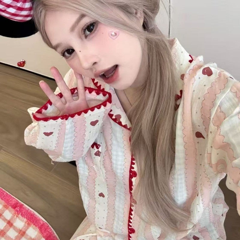 Plus Size Pajamas 2 Pieces Set Y2K Striped Strawberry Print Casual Korean Sweet Soft Women's Pajamas Autumn Winter New Homewear