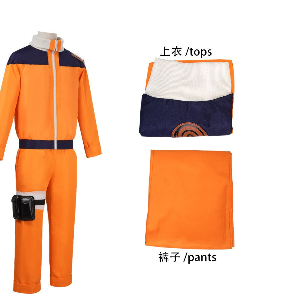 Uzumaki Cosplay Costume Orange Clothes with Headband & Kunai Pouch Pre-Shippuden Genin Ninja Outfit Blonde Wig Unisex Adult Hall