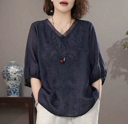 Summer New Literary Vintage Embroidery Cotton Linen Shirt Ladies Half Sleeve Loose Casual Fashion Blouse Women's Clothing Tops