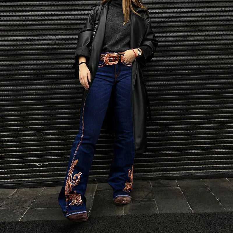 Stylish Cowgirl Boo-Cut Denim Jean Exquisite Embroidery Stretch & Comfortable Ladies Country Outfit Western Women Trousers T02
