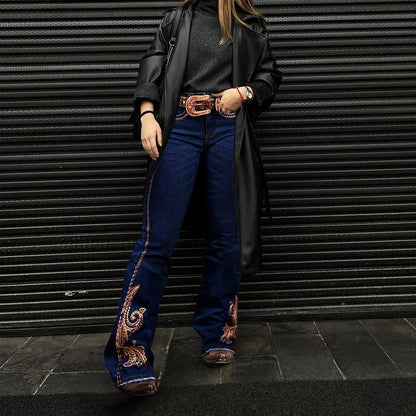 Stylish Cowgirl Boo-Cut Denim Jean Exquisite Embroidery Stretch & Comfortable Ladies Country Outfit Western Women Trousers T02