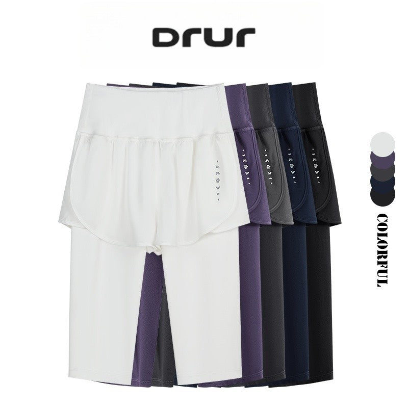 DRUR Knee Length Yoga Pants Summer 2 In 1 Gym Running Shorts Women High Waist Workout Leggings Yogawear Fitness Clothing New