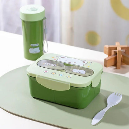 Conjunto de Copo Lancheira Infantil de Plástico Portátil 1200ML com Garfo e Lancheira Infantil com Copo de Água, Recipiente para Armazenamento de Alimentos