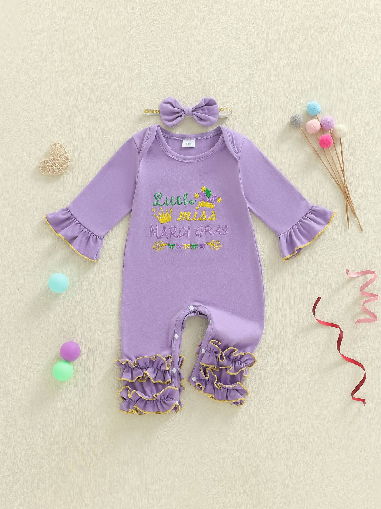 Suefunskry Baby Girl Mardi Gras Themed Romper Letter Crown Embroidery Long Sleeve Round Neck Jumpsuit with Bow Headband
