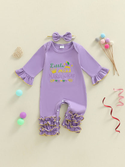 Suefunskry Baby Girl Mardi Gras Themed Romper Letter Crown Embroidery Long Sleeve Round Neck Jumpsuit with Bow Headband