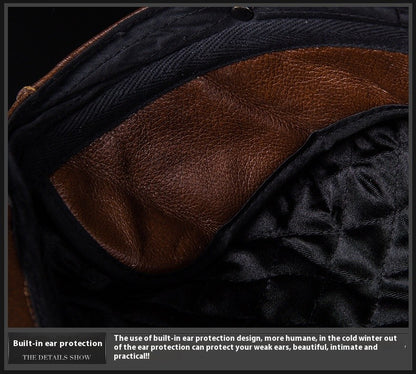 Men's Genuine Leather Warm Octagonal Cap Elegant Adjustable Newsboy Beret Cowhide Tongue Cap