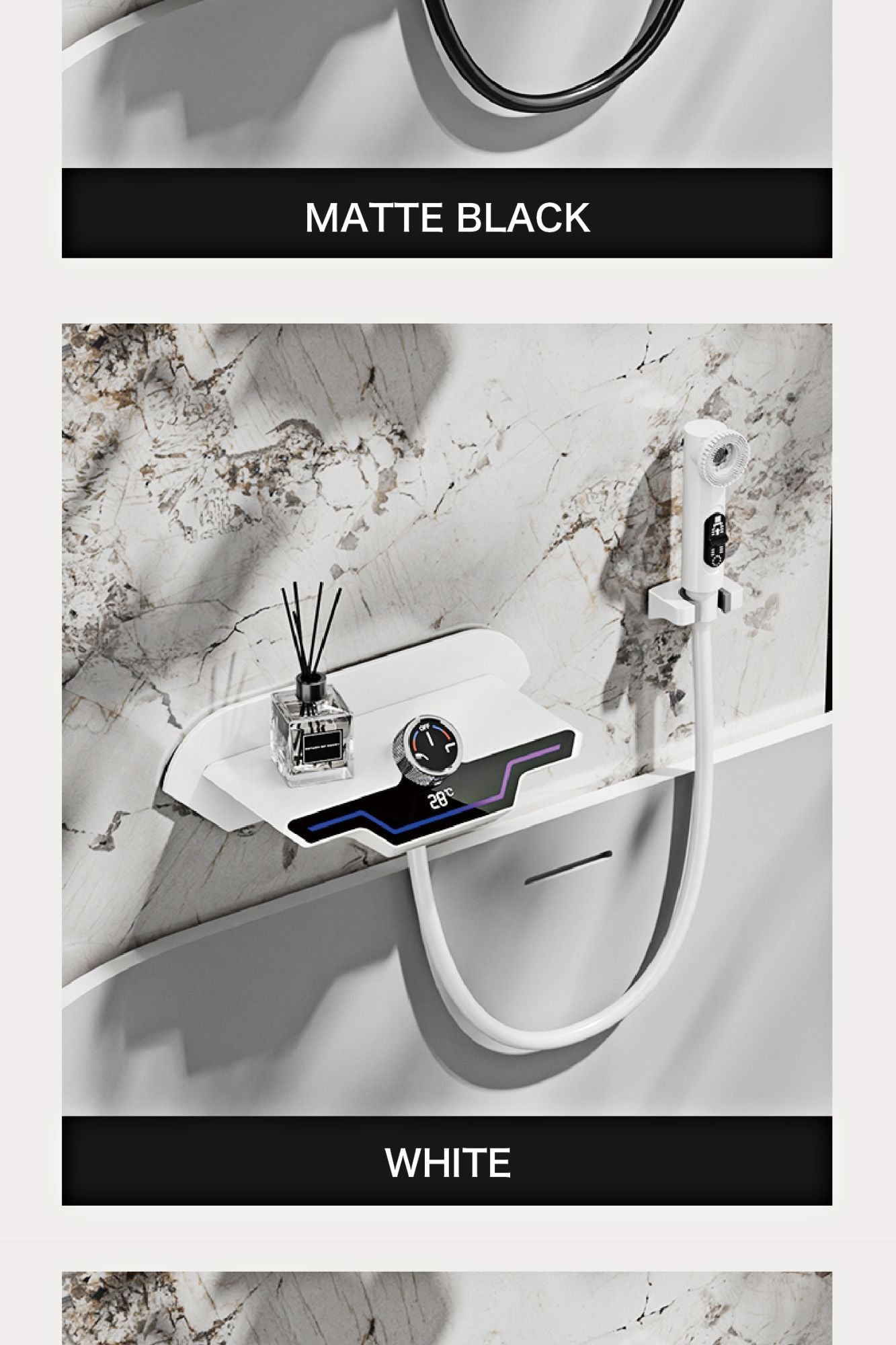 Luxury black brass wall mounted thermostatic bathroom faucet with LED digital display design, embedded hot and cold bathtub Tap