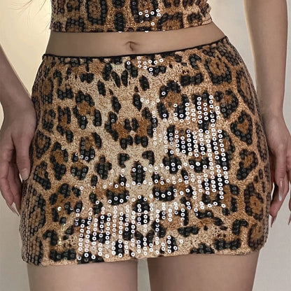 Dulzura Summer Latest Fashion Elegant High Waist Sequins Sexy Slim Leopard Print Short Skirt Party Club Street Clothes Wholesale