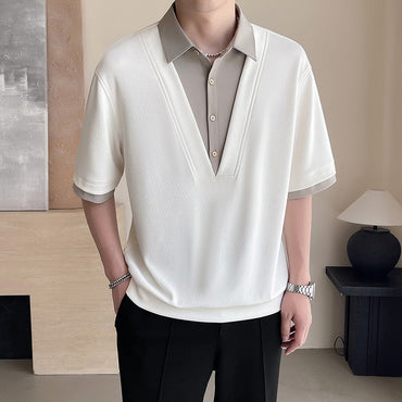 2025 summer new men's fake two-piece shirt, men's clothing, trendy brand, casual, high-end short-sleeved polo shirt