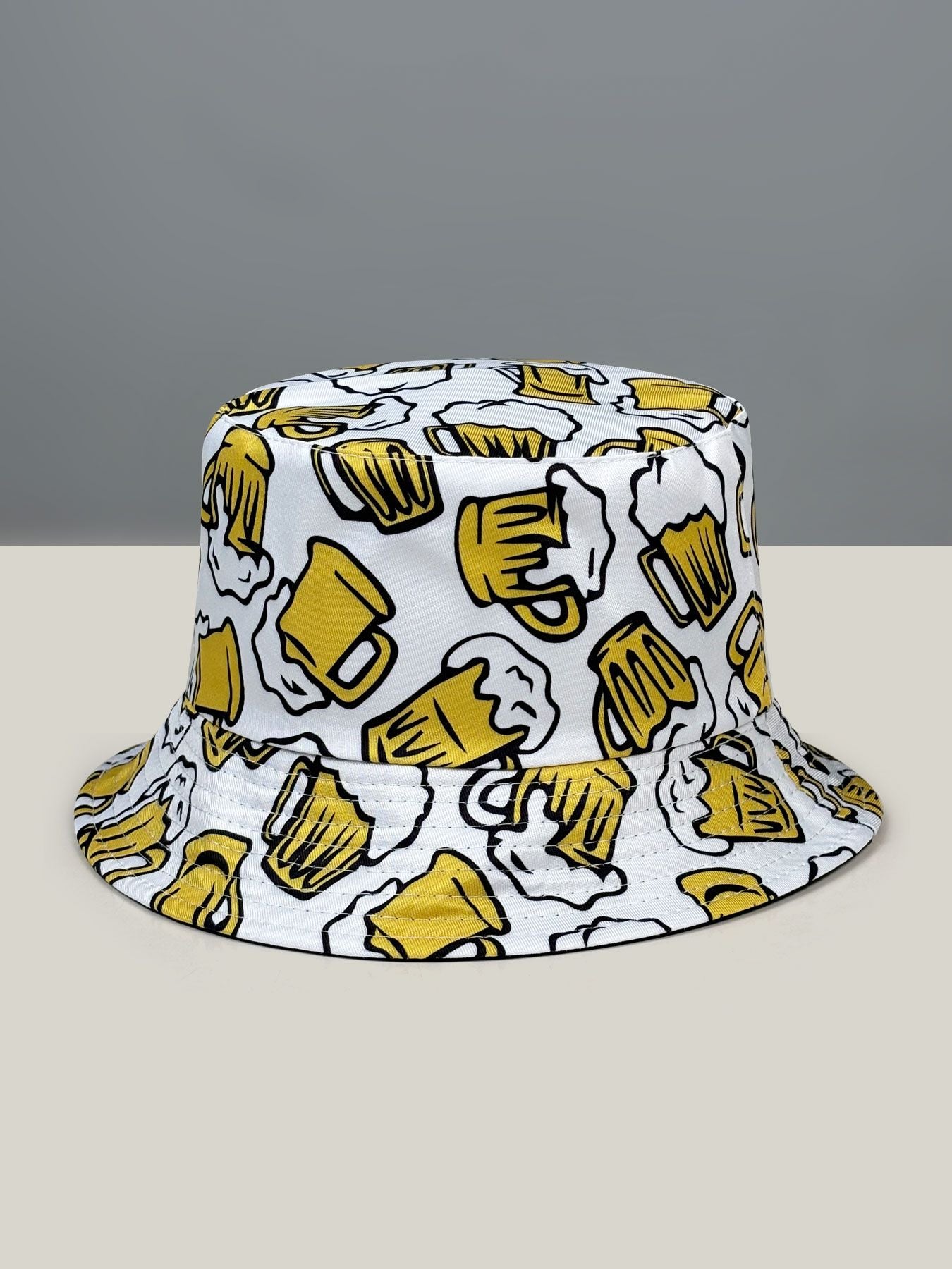 Beer Cheers Party Bucket Hat, Reversible Wear Foldable Lightweight Design,Cartoon Pattern Basin Hat,Unisex Casual Sun Hat for Beach and Festival Party Use