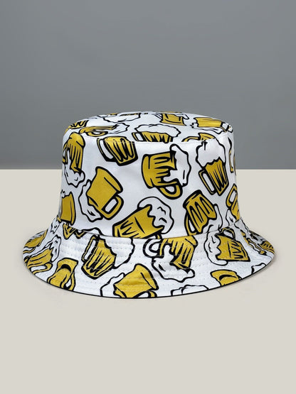 Beer Cheers Party Bucket Hat, Reversible Wear Foldable Lightweight Design,Cartoon Pattern Basin Hat,Unisex Casual Sun Hat for Beach and Festival Party Use