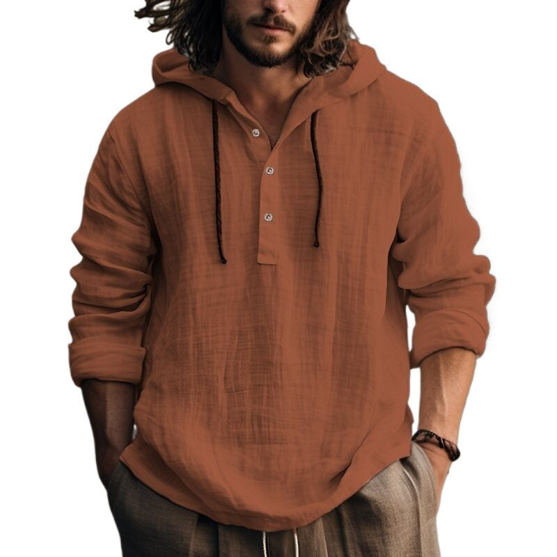 Casual Hood T Shirt Cotton Linen Flax Blouse Tee Tops Long Sleeves Men Holiday Beach Spring Solid Plain Tunic Loose Hoodie Shirt