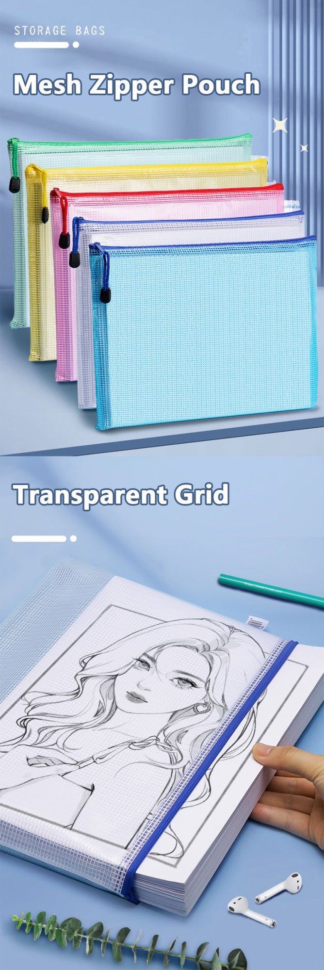 5PCS Stationery Storage Folder File Mesh Zipper Pouch A3 A4 A5 A6 B4 B5 Document Bag Zip File Folder School Office Supplies