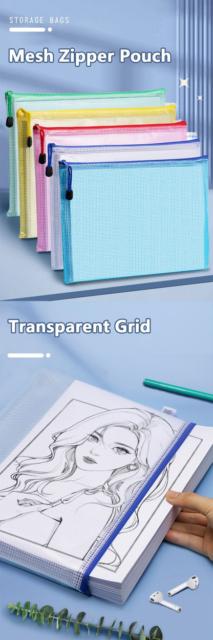 5PCS Stationery Storage Folder File Mesh Zipper Pouch A3 A4 A5 A6 B4 B5 Document Bag Zip File Folder School Office Supplies