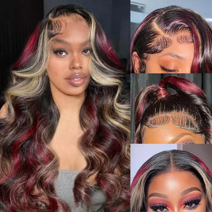 Peruca frontal de renda 13X6 preta com destaque loiro vermelho peruca sintética 13x4 pré-selecionada com linha do cabelo peruca frontal de renda feminina