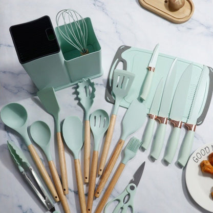 Conjunto de utensílios de cozinha de silicone, 19 peças com cabo de madeira, espátula, panela antiaderente e balde de armazenamento de facas multiuso integrado