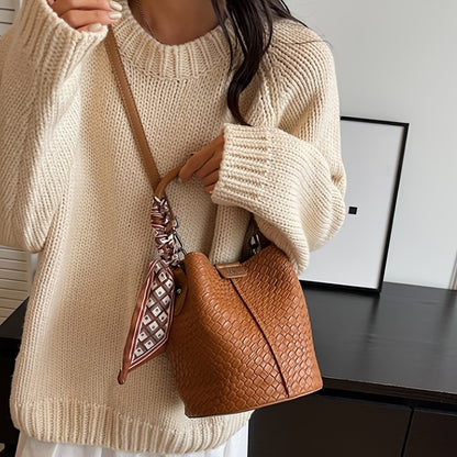 Women's Woven Bucket Bag.Deep Brown/Beige/Green/Black.Detachable Strap,Durable & Easy Clean.For Travel & Formal Events.Shop Now!