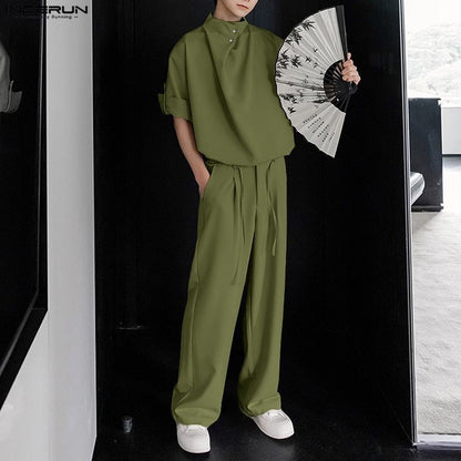 INCERUN Men Sets Solid Color Pleated Shirt & Pants Two Pieces Sets Loose Streetwear 2025 Fashion Men's Casual Suits S-5XL