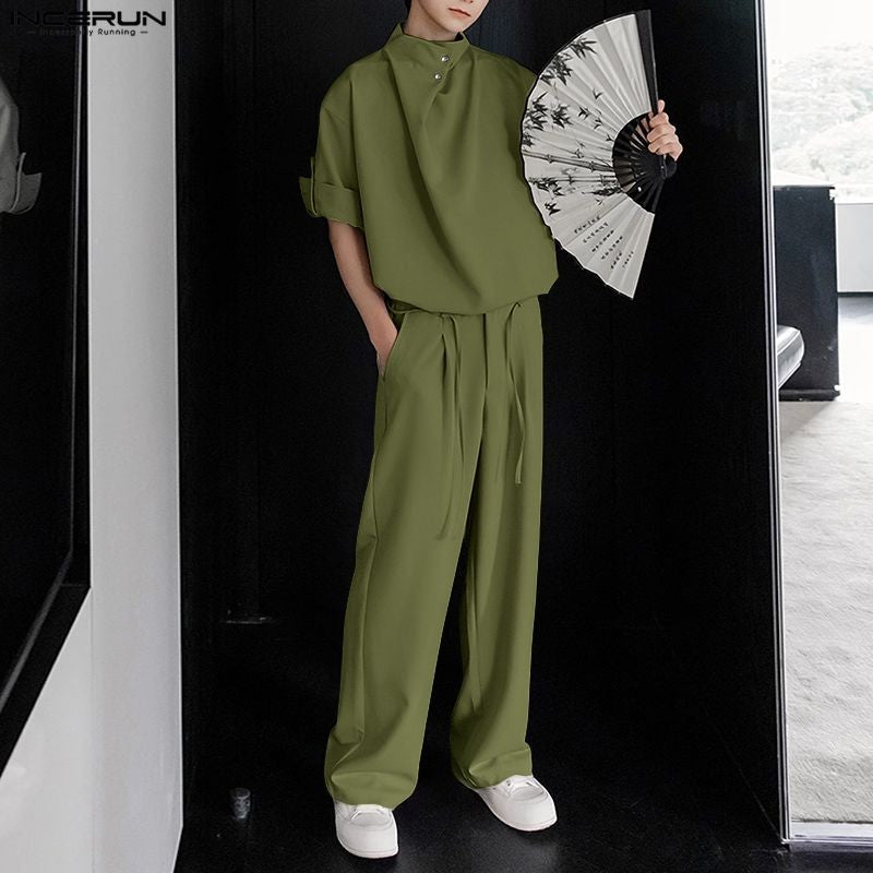 INCERUN Men Sets Solid Color Pleated Shirt & Pants Two Pieces Sets Loose Streetwear 2025 Fashion Men's Casual Suits S-5XL