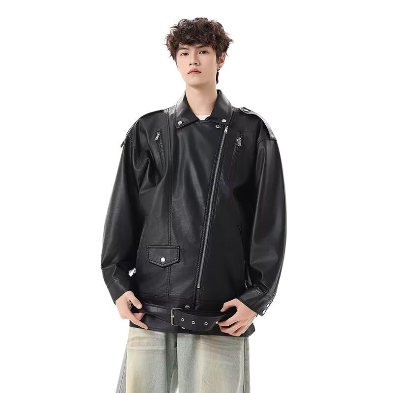 American Retro High Street Loose Motorcycle Biker Black Pu Faux Leather Jackets with Belt Spring Autumn Male Zipper Coat Outwear
