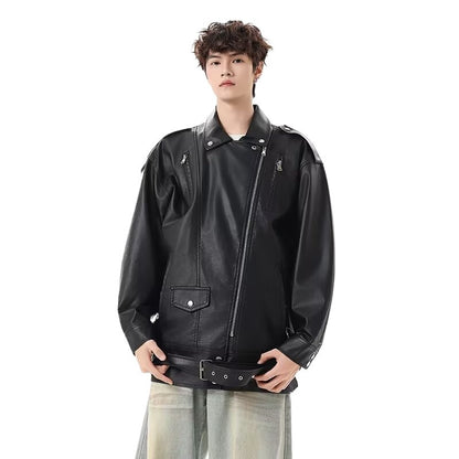 American Retro High Street Loose Motorcycle Biker Black Pu Faux Leather Jackets with Belt Spring Autumn Male Zipper Coat Outwear