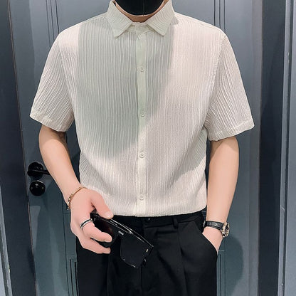 Streetwear Fashion Korean Clothing Solid Shirts Spring Autumn Men Long Sleeve Striped Lapel Single Sockets Business Casual Tops