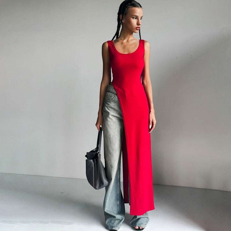 2025 Sexy Sleeveless Side High Split Dress Solid Backless Women Midi Dresses Sum