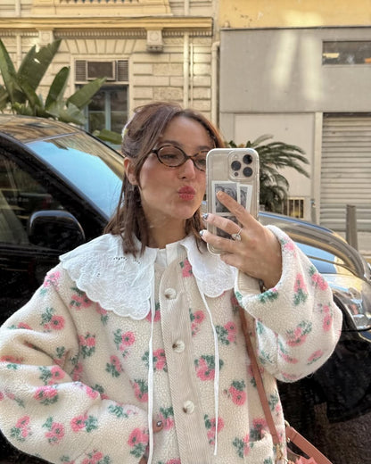 Women Printed Short Fleece Jacket Fashion Casual Round Neck Single Breasted Pocket Loose Jackets Lady Daily Commute Office Coat