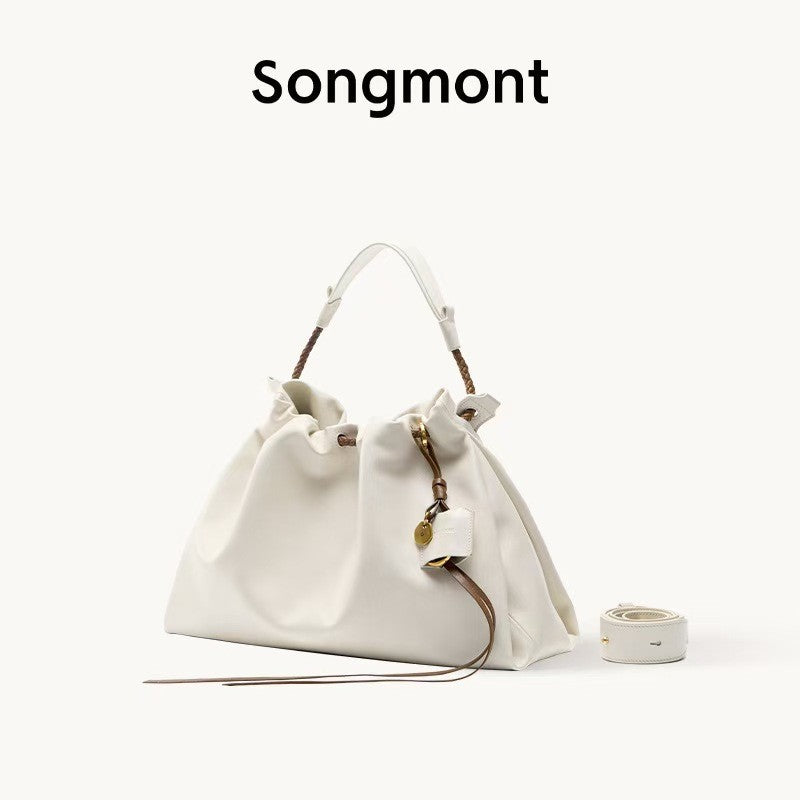 Songmont Genuine Leather Mini Bucket Bag Adjustable Drawstring Multi Straps White Black Blue Casual Chic Crossbody Bag Oversized