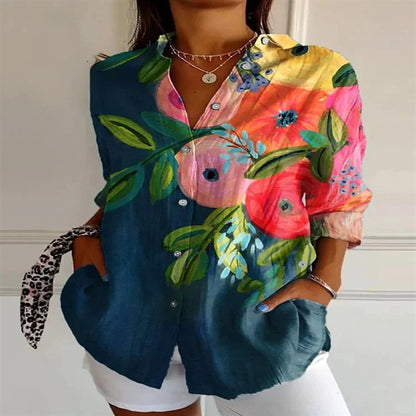 2025 New Retro Floral Art Print Casual Linen Shirt Fashionable Pretty Shirt Fast Shipping