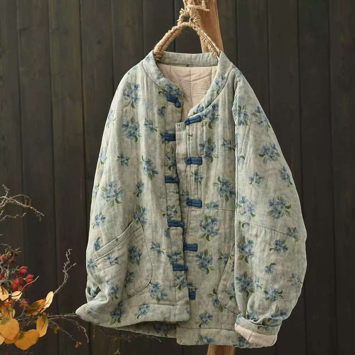 Johnature Vintage Buckle Floral Print Chinese Style Parkas 2025 Woman Winter New Long Sleeves Loose Single Breasted Parkas