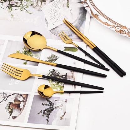 18Pcs Black Gold Dinnerware Dinner Spoons Chopsticks Cutlery Set Stainless Steel Tableware Sets Kitchen Home Silverware Set