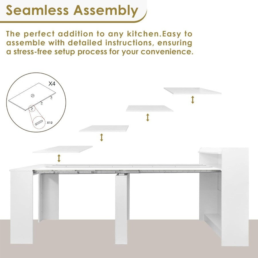 DMAITH 2099 White Extendable Dining Table with Storage for 210 People Modern Modular Extension Table SpaceSaving Extra Long Fol
