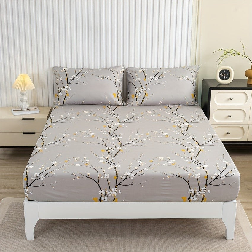 Conjunto de Lençol com Elástico Estampado 3 Peças (1 Lençol com Elástico + 2 Fronhas, Sem Enchimento)