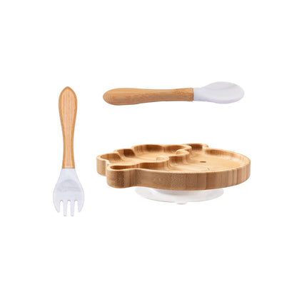 Baby Wooden Tableware Set Could Bamboo Wooden Plate Bowl Silicone Suction Wooden Handle Fork Spoon for Children Feeding Supplies