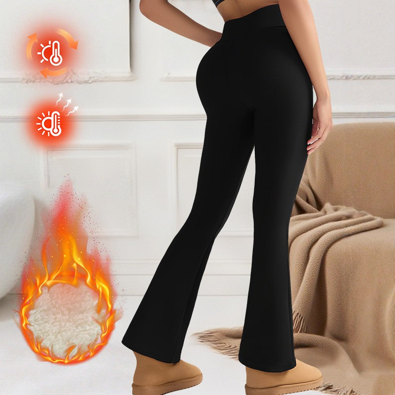 Women's Fleece-Lined Flare Pant Cross-Waist Design Thickened Winter Warm High-Waisted Tummy Control Lifting Leggings Casual Wear