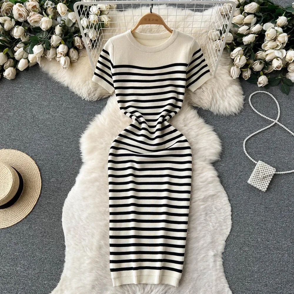 Summer Striped Beach Knitted Dress O Neck Short Sleeves Chic Hotsweet Slim Sundr