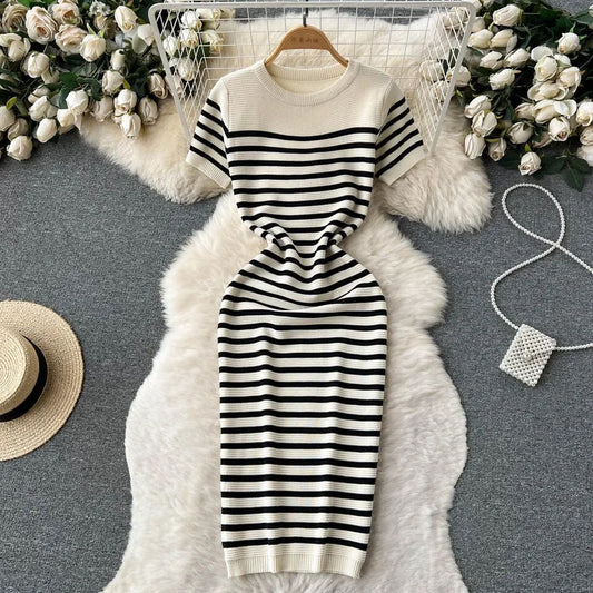 Summer Striped Beach Knitted Dress O Neck Short Sleeves Chic Hotsweet Slim Sundr