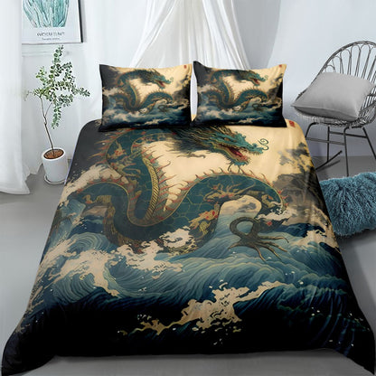Chinese Loong Blue Duvet Cover Set UK Single Double Queen US Twin Full King Size  Bed Linen Set