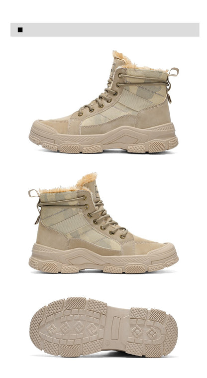 Winter Fleece Warm High-top Men's Shoes Trendy Casual Outdoor Solid Color Mid-top Fashionable Round Toe Plus-size Snow Boots