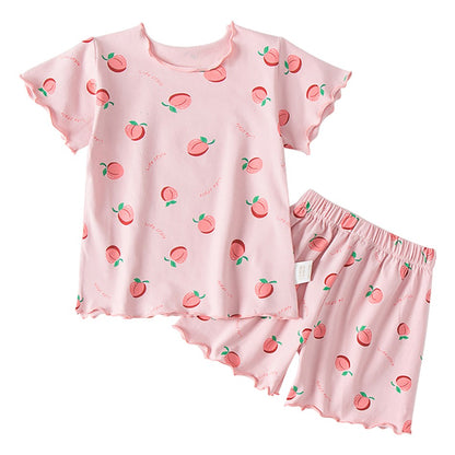 Girls Summer Pajama Sets Stylish Cartoon Pattern Printing Short Sleeve Top and Pants Made from Luxurious Cozy Ice Silk Material